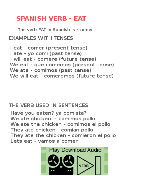 Learn the verb eat in Spanish - Listen to audio translation for verb - Eat 