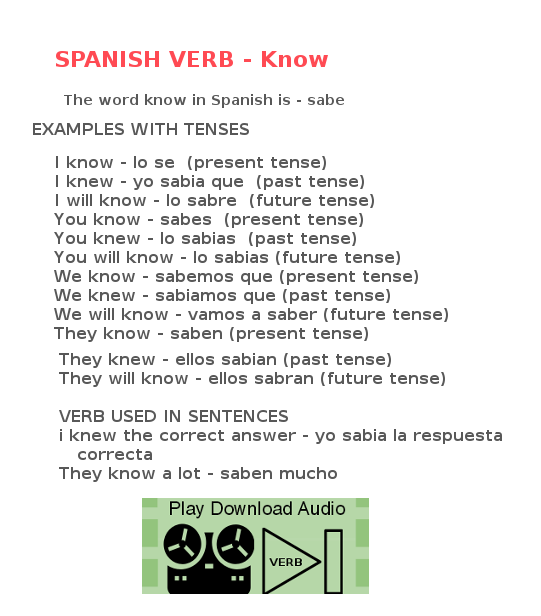 Learn the verb know in Spanish - Listen to audio translation for verb - Know 