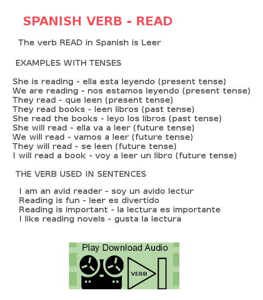 Learn the verb read in Spanish- Listen to audio translation for verb - Read 