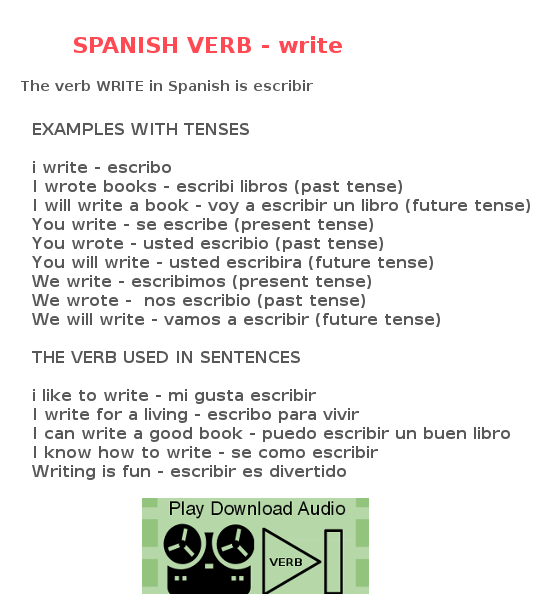 Learn the verb write in Spanish - Listen to audio translation for verb - Write 